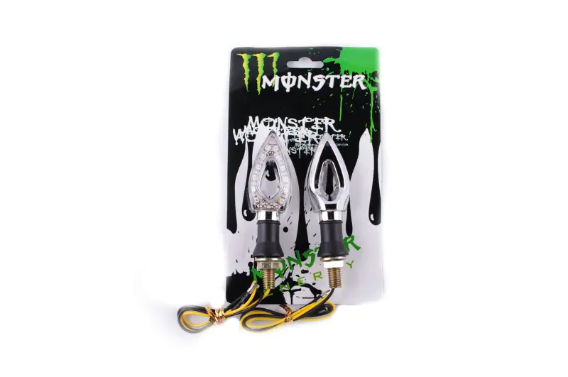 Світлодіодні покажчики повороту MONSTER ENERGY, стрілоподібні, сріблясті, прозорі, пара