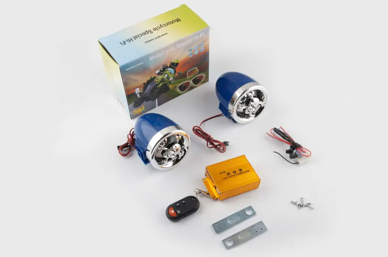Мотоаудиосистема BEST CHOICE MP3/FM/SD/USB с сигнализацией и пультами, синяя с хромом