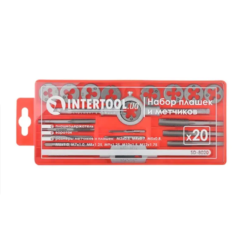 Набір мітчиків і плашок INTERTOOL M3–M12, 20 предметів