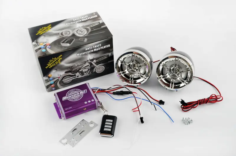 Мотоаудиосистема mod. 938 с сигнализацией, MP3/FM/MicroSD и ПДУ, 2 динамика 3″, хром