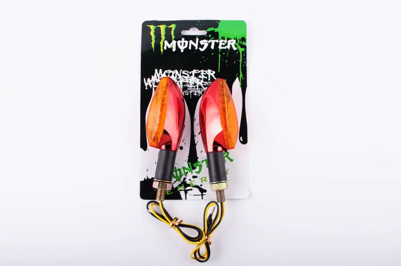 Світлодіодні покажчики повороту Monster Energy, стрілоподібні, червоні, жовте скло, 11 LED, пара