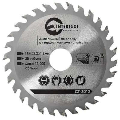 Пильный диск по дереву INTERTOOL CT-3012 115×22,2×1,4 мм, 30 зубьев