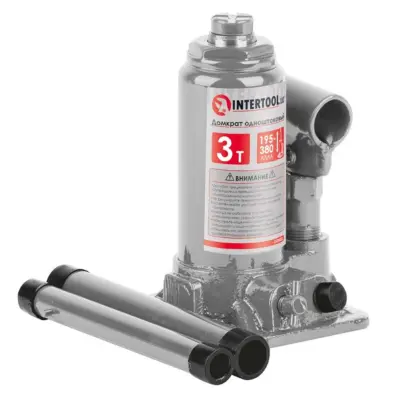 Домкрат пляшковий одноштоковий INTERTOOL 3 т, 195–380 мм, у пластиковому кейсі