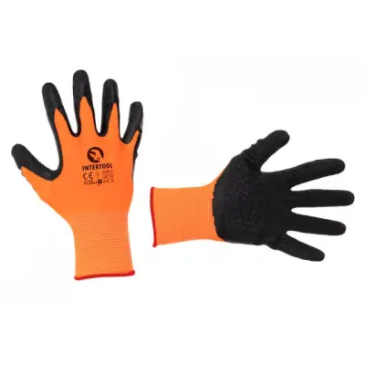Перчатка трикотажная Intertool с черным рифленым латексом, оранжевая, размер 11