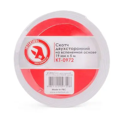 Скотч двухсторонний на вспененной основе INTERTOOL, 19 мм x 5 м, белый