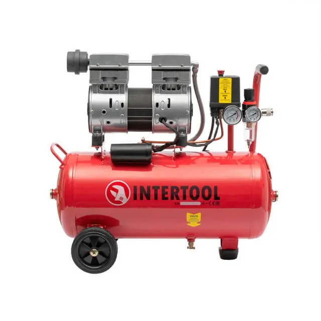 Компрессор INTERTOOL безмасляный малошумный, 24 л, 0,75 кВт, 220 В, 8 атм, 145 л/мин, 2 цилиндра