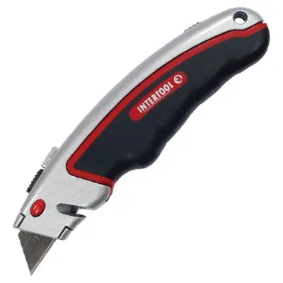 Нож INTERTOOL с выдвижным трапециевидным лезвием, металлический прорезиненный корпус