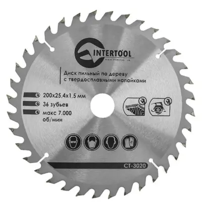 Диск пильный по дереву INTERTOOL 200×25,4×1,5 мм, 36 зубьев, с твердосплавными напайками