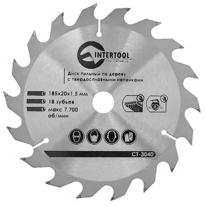 Диск пильный по дереву INTERTOOL 185×20×1,5 мм, 18 зубьев, с твердосплавными напайками