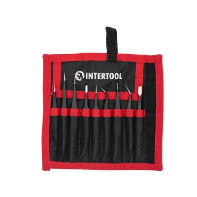 Набір радіотехнічних пінцетів INTERTOOL, 9 шт, антистатичні, у чохлі