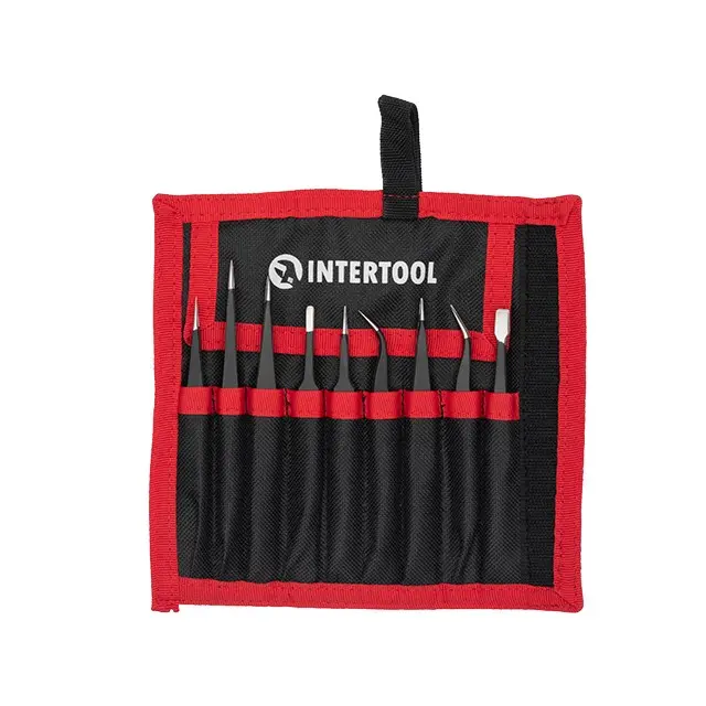 Набір радіотехнічних пінцетів INTERTOOL, 9 шт, антистатичні, у чохлі