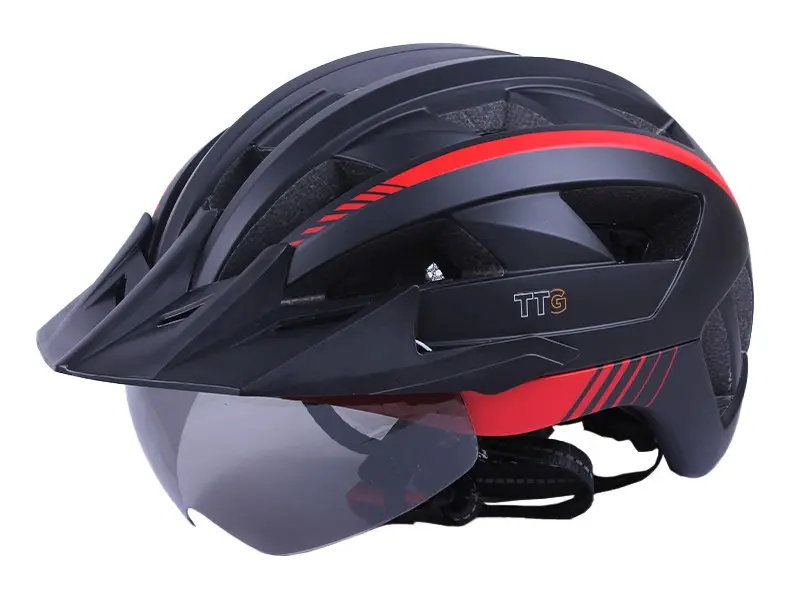Шлем велосипедный GTS-H-050 TTG с козырьком, магнитными очками и задним фонарем, черный с красным, размер L