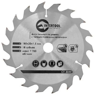 Диск пильный по дереву INTERTOOL 185×20×1,5 мм, 18 зубьев, с твердосплавными напайками