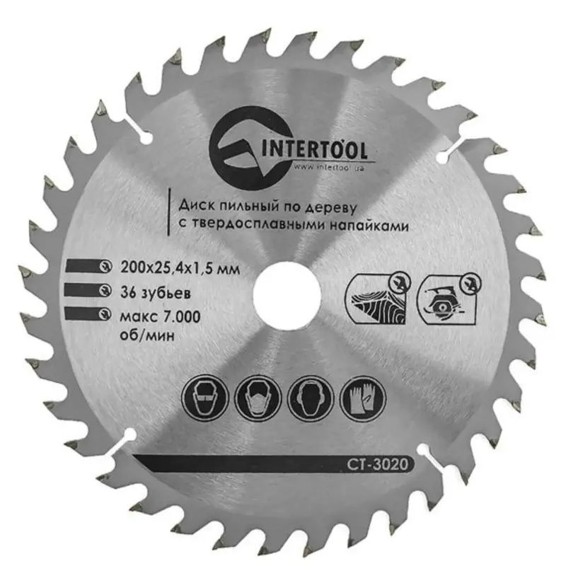 Диск пильный по дереву INTERTOOL 200×25,4×1,5 мм, 36 зубьев, с твердосплавными напайками