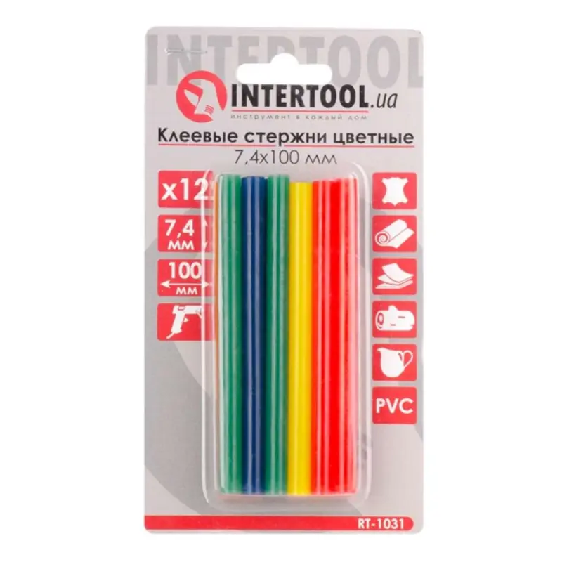 Комплект цветных клеевых стержней INTERTOOL 7,4 × 100 мм, 12 шт.