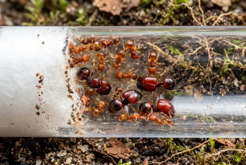 Acanthomyrmex glabfemoralis — колония муравьёв-гномов — 2 матки и 15–40 рабочих