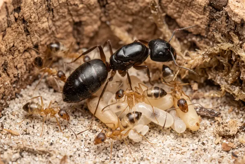 Camponotus albosparsus — белопятнистый муравей-древоточец — 1 матка и 3–10 рабочих