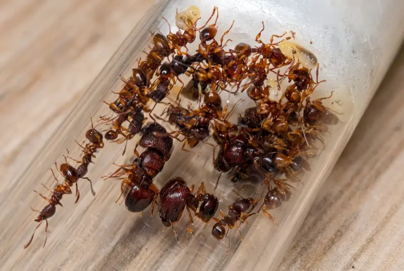Acanthomyrmex glabfemoralis — колония муравьёв-гномов — 2 матки и 15–40 рабочих